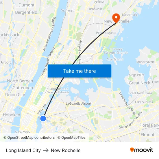 Long Island City to New Rochelle map