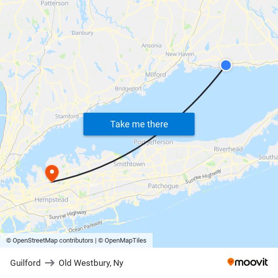 Guilford to Old Westbury, Ny map