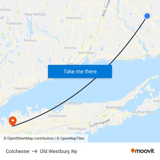 Colchester to Old Westbury, Ny map