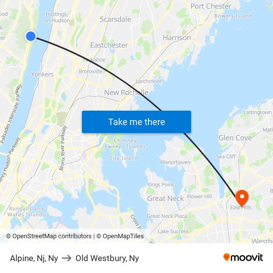 Alpine, Nj, Ny to Old Westbury, Ny map