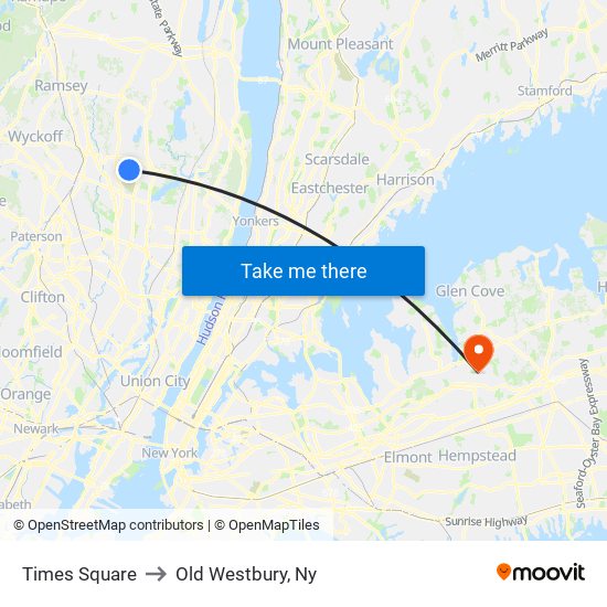 Times Square to Old Westbury, Ny map