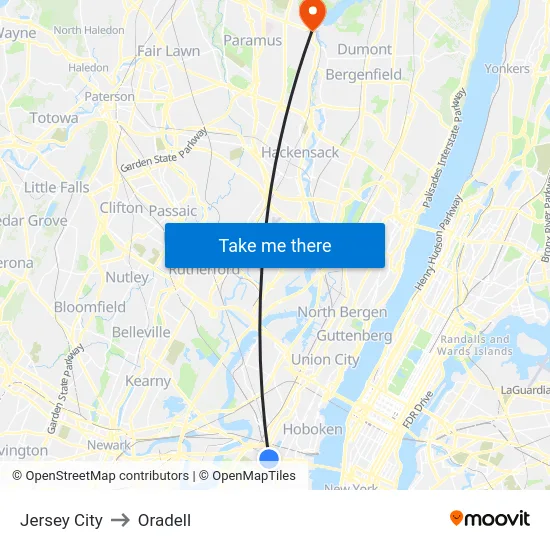 Jersey City to Oradell map