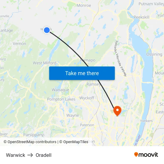 Warwick to Oradell map