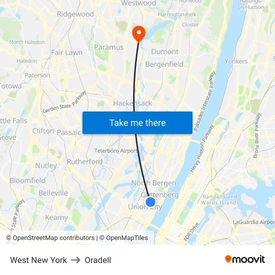 West New York to Oradell map