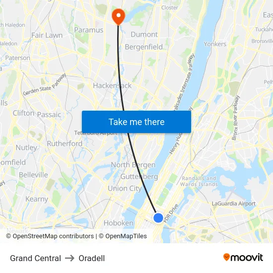 Grand Central to Oradell map
