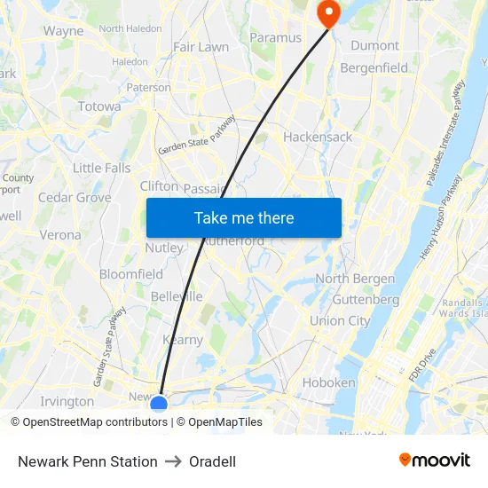 Newark Penn Station to Oradell map
