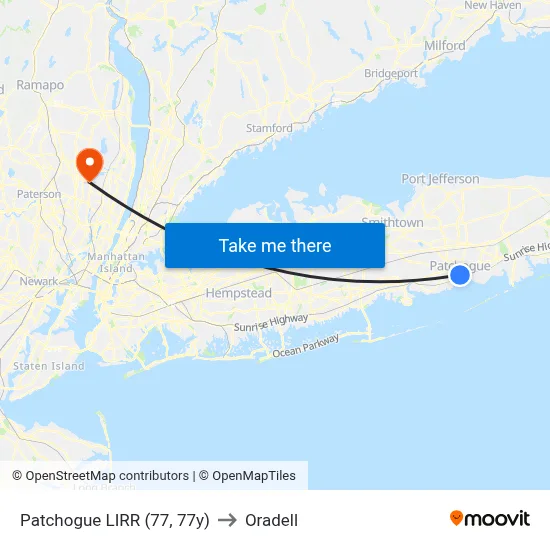 Patchogue LIRR (77, 77y) to Oradell map