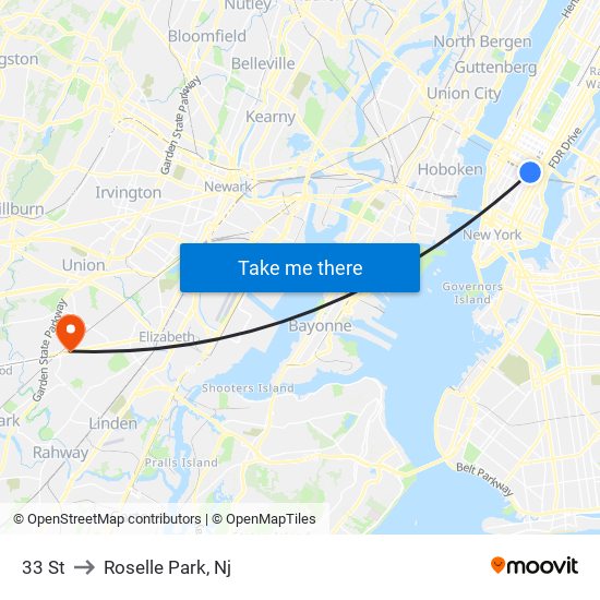 33 St to Roselle Park, Nj map