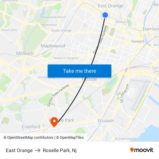 East Orange to Roselle Park, Nj map