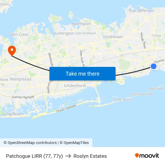 Patchogue LIRR (77, 77y) to Roslyn Estates map
