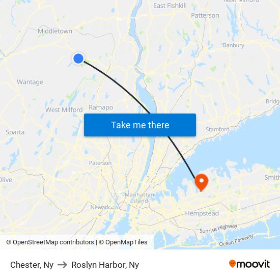 Chester, Ny to Roslyn Harbor, Ny map