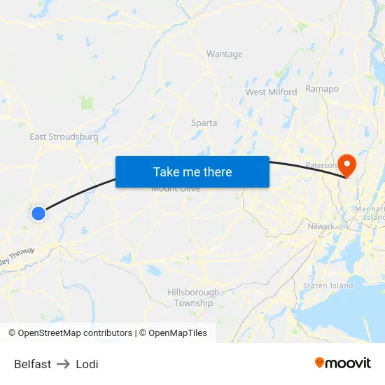 Belfast to Lodi map