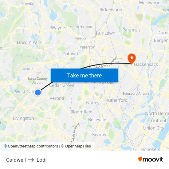 Caldwell to Lodi map