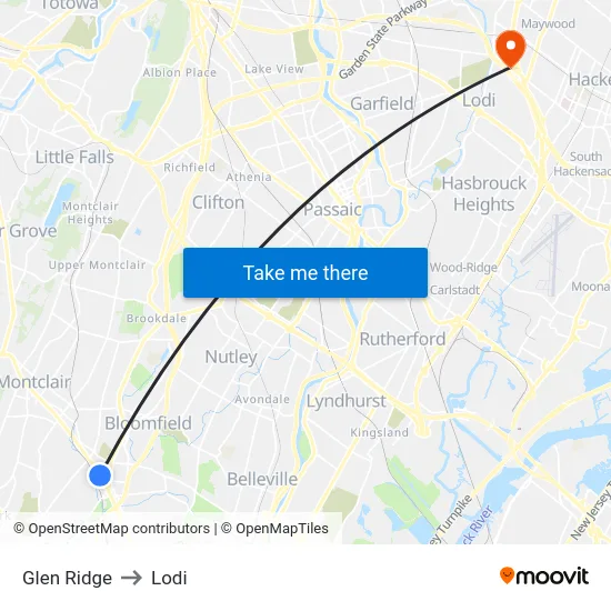 Glen Ridge to Lodi map