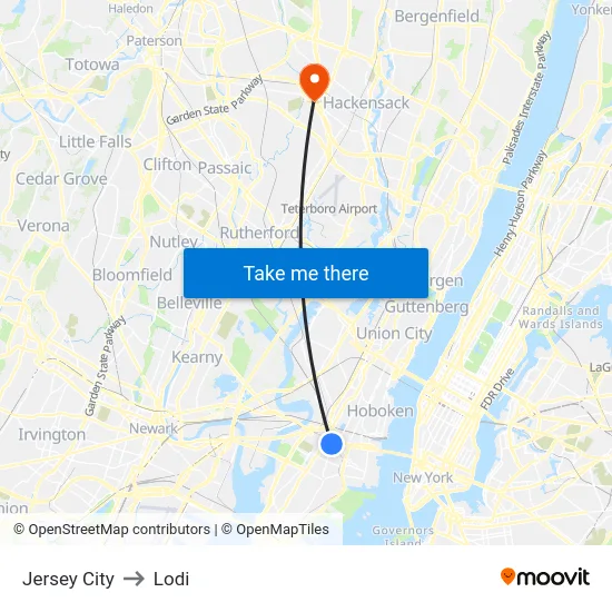 Jersey City to Lodi map
