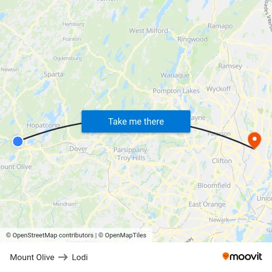 Mount Olive to Lodi map