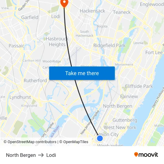 North Bergen to Lodi map