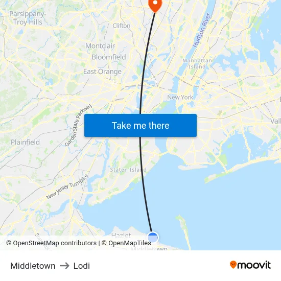 Middletown to Lodi map