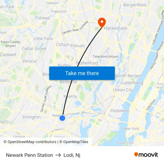 Newark Penn Station to Lodi, Nj map