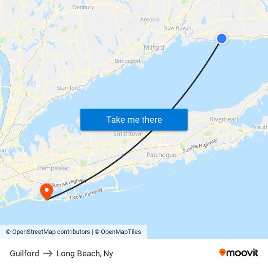 Guilford to Long Beach, Ny map