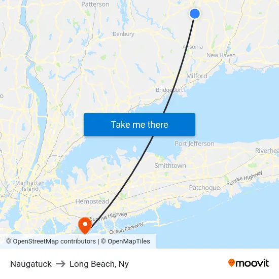 Naugatuck to Long Beach, Ny map