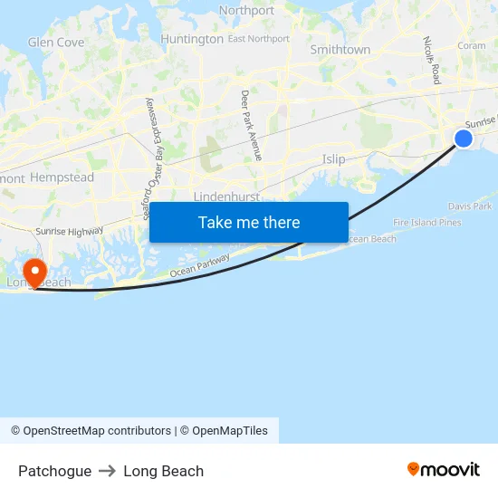 Patchogue to Long Beach map