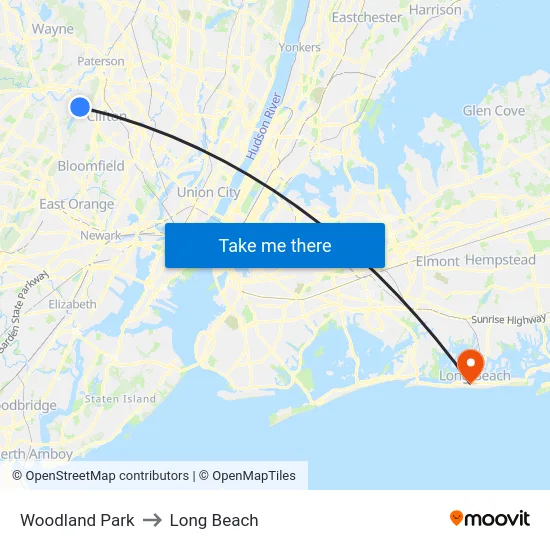 Woodland Park to Long Beach map