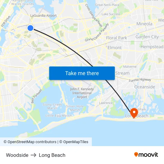 Woodside to Long Beach map