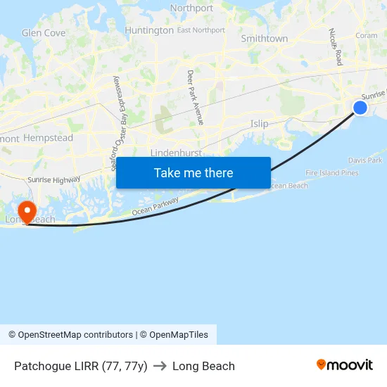 Patchogue LIRR (77, 77y) to Long Beach map