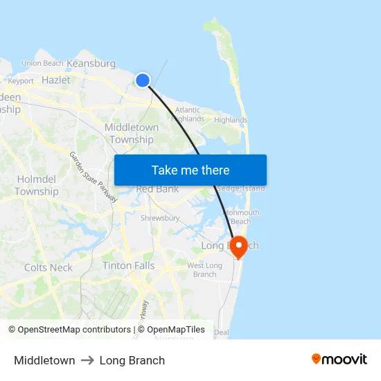 Middletown to Long Branch map