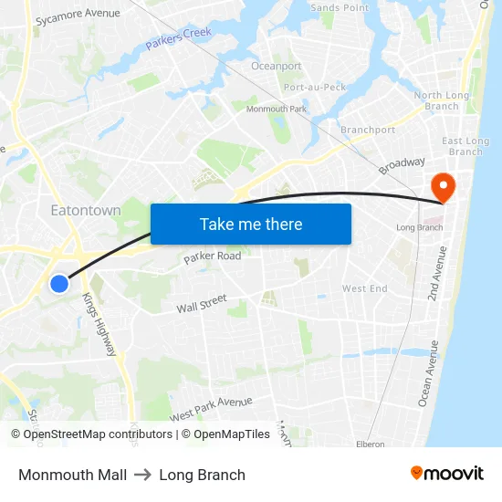 Monmouth Mall to Long Branch map