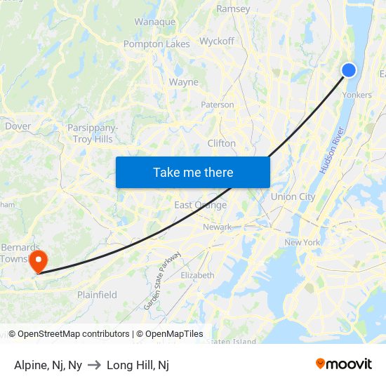 Alpine, Nj, Ny to Long Hill, Nj map