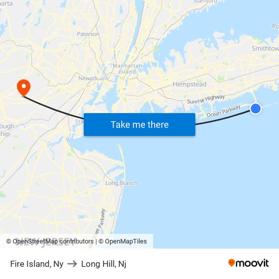 Fire Island, Ny to Long Hill, Nj map