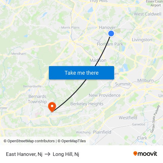 East Hanover, Nj to Long Hill, Nj map