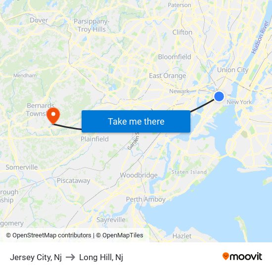 Jersey City, Nj to Long Hill, Nj map