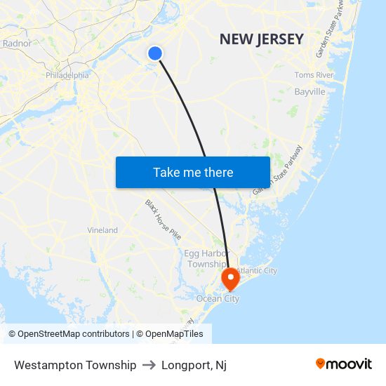 Westampton Township to Longport, Nj map