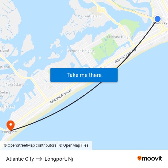 Atlantic City to Longport, Nj map