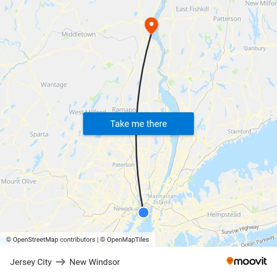 Jersey City to New Windsor map