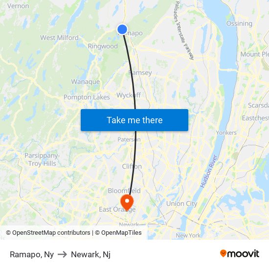 Ramapo, Ny to Newark, Nj map