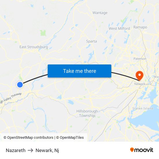 Nazareth to Newark, Nj map