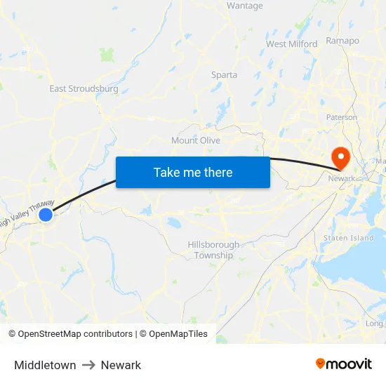 Middletown to Newark map