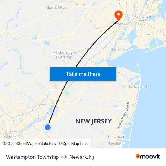 Westampton Township to Newark, Nj map