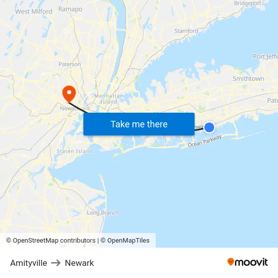 Amityville to Newark map