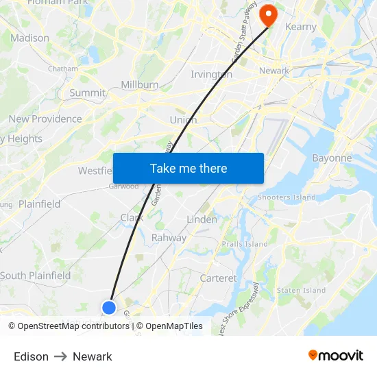 Edison to Newark map