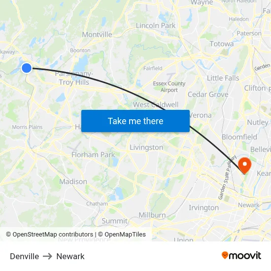Denville to Newark map