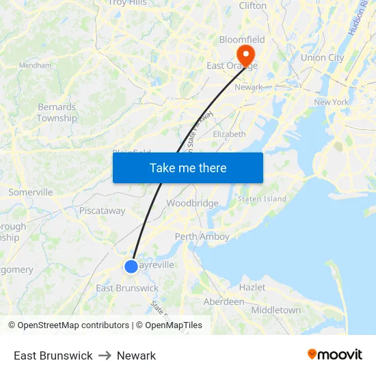 East Brunswick to Newark map