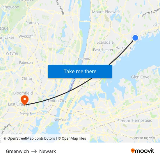 Greenwich to Newark map