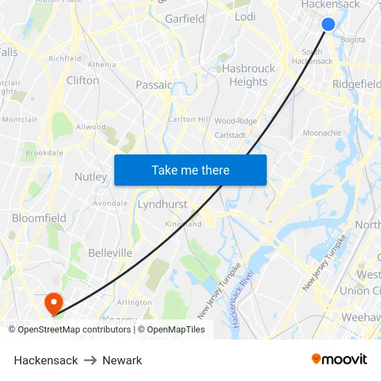 Hackensack to Newark map