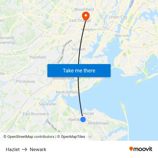 Hazlet to Newark map
