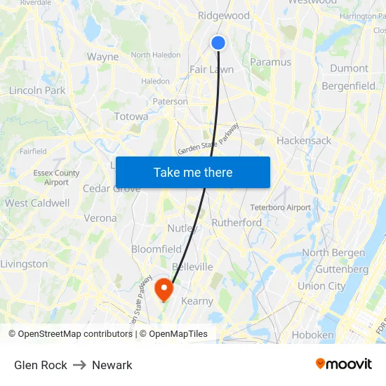 Glen Rock to Newark map